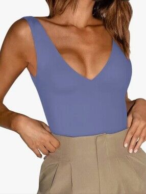 New Reoria V-Neck Sleeveless Tank Top Bodysuit in Periwinkle Blue
